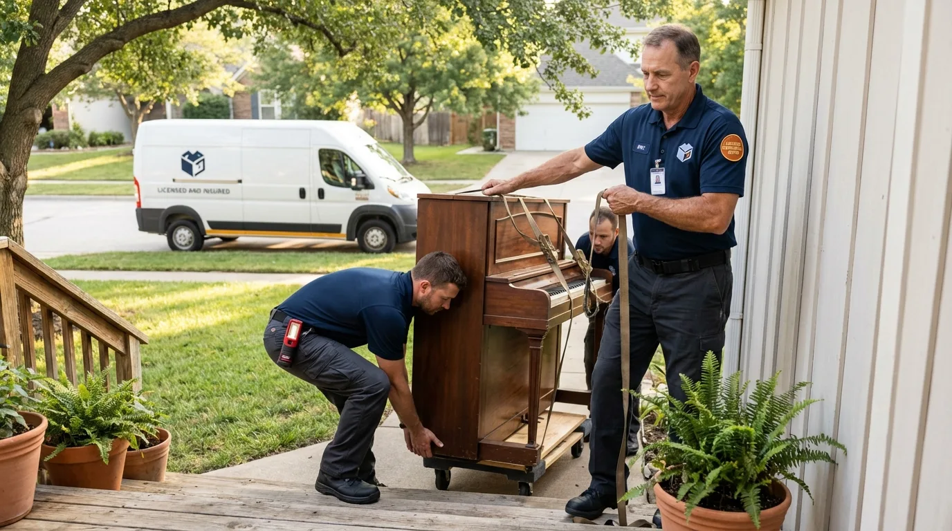 Licensed piano movers securing grand piano in North Palm Beach, FL