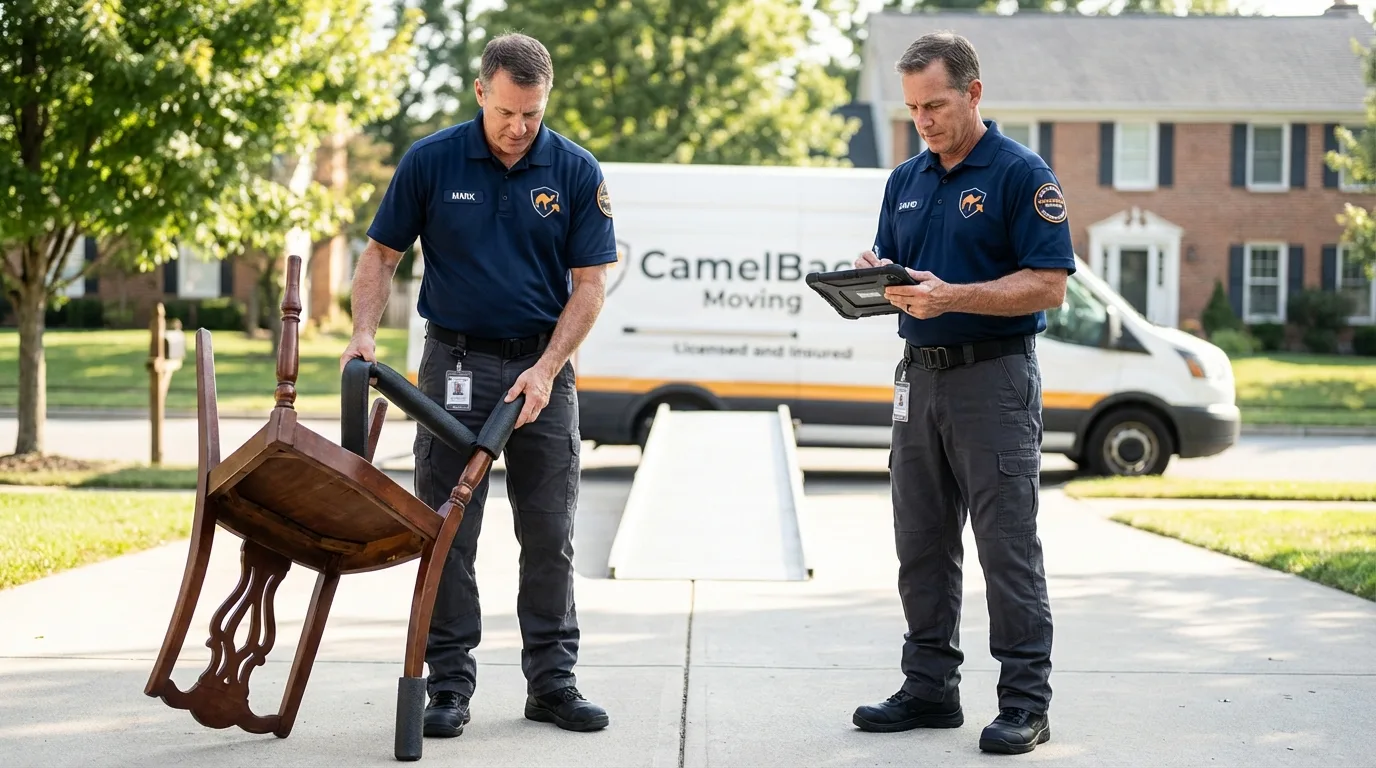 Movers inspecting furniture for damage prevention before loading in North Palm Beach, FL