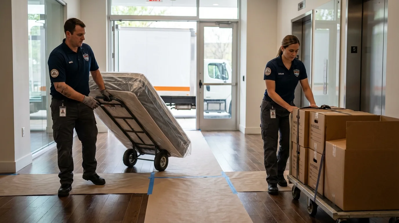 Professional apartment movers loading elevator in North Palm Beach, FL