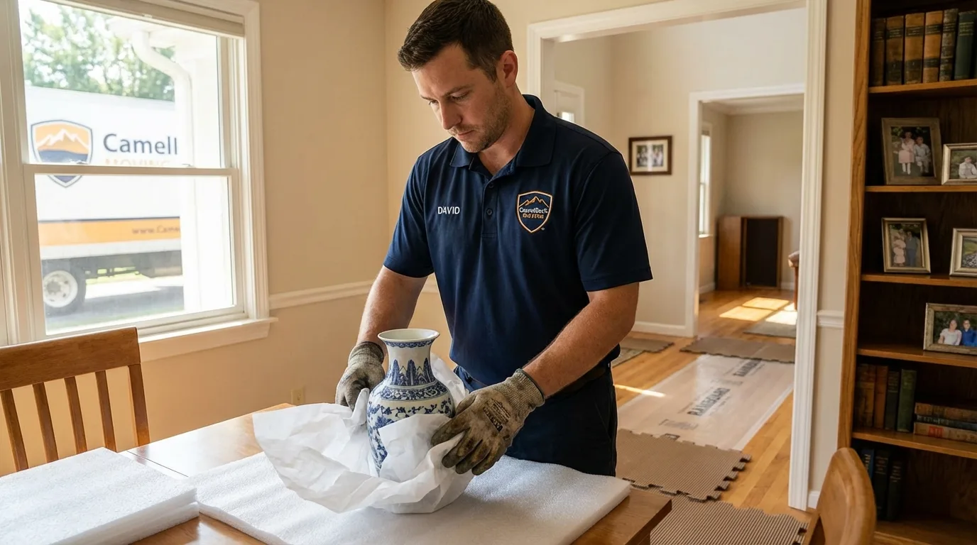 Professional crew carefully wrapping antique vase for senior downsizing move in North Palm Beach, FL